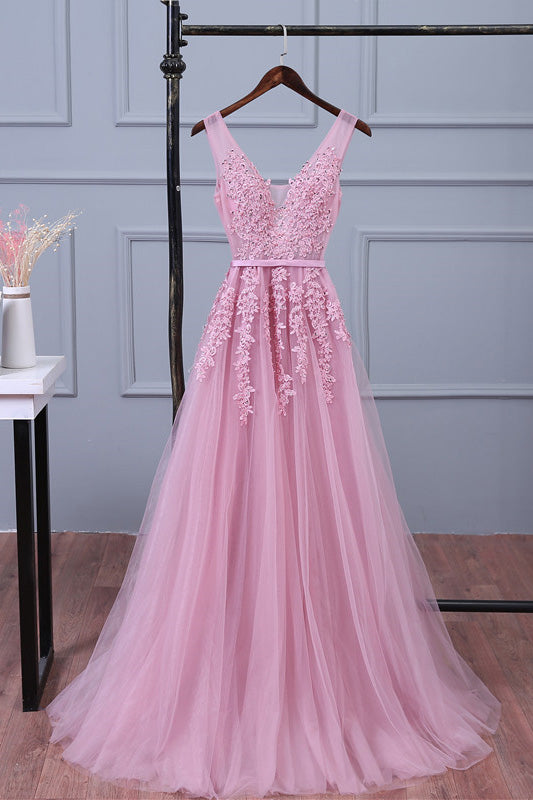 Pink v neck lace applique tulle long prom dress, pink bridesmaid dress – dresstby