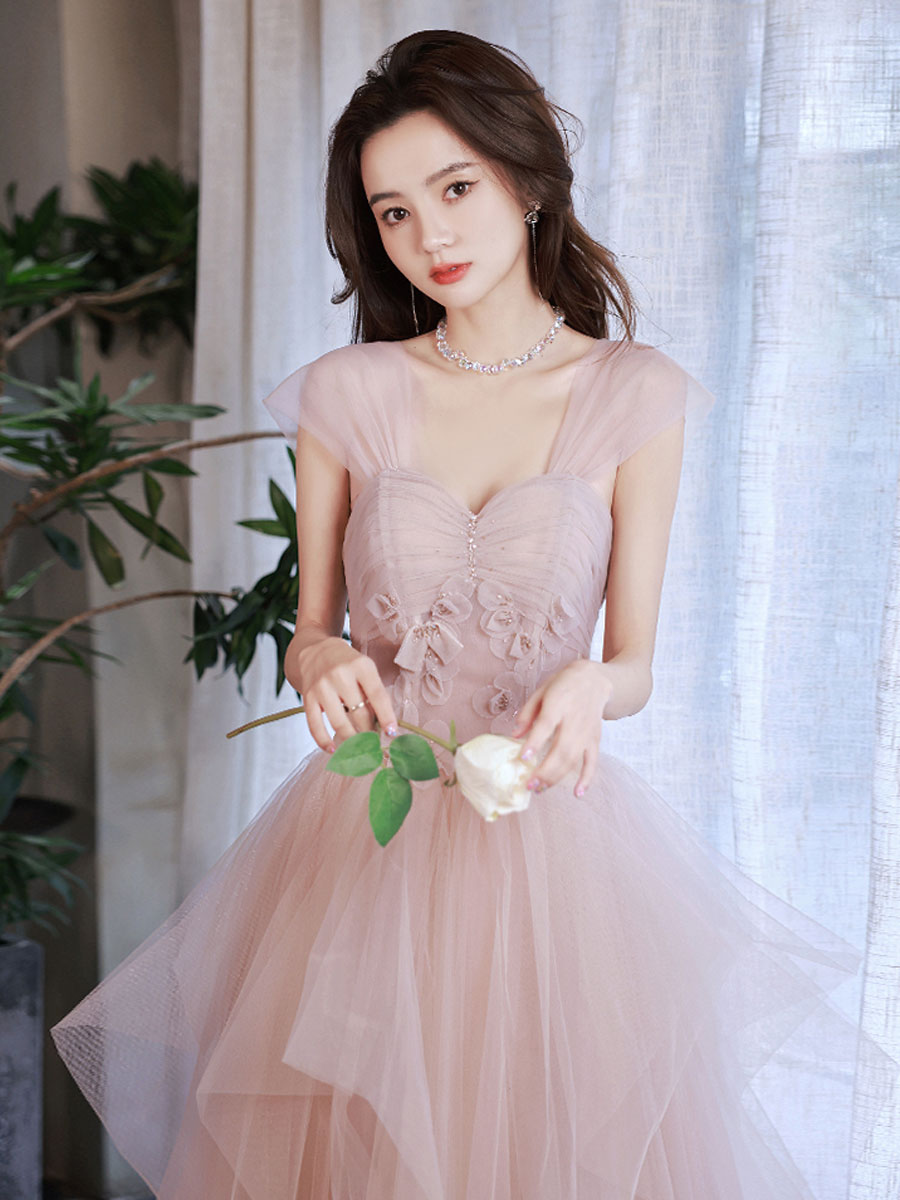 Pink tulle off shoulder long prom dress, pink tulle formal dress