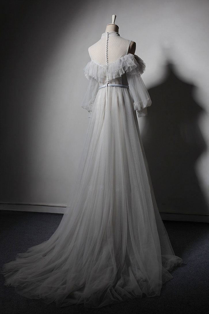 Gray tulle lace long prom dress, gray tulle evening dress