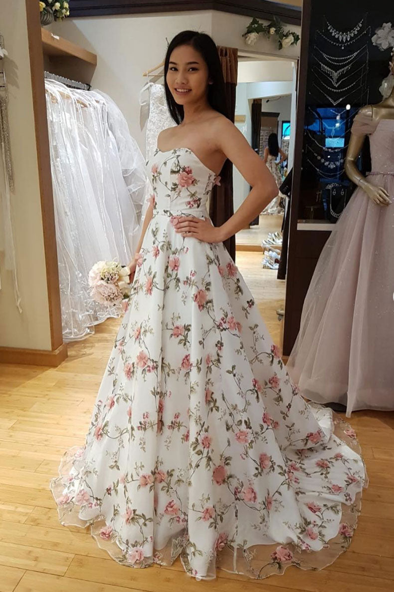 White sweetheart neck tulle lace long prom dress, white lace evening dress