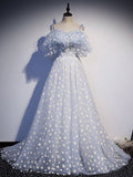 Blue sweetheart neck tulle long prom dress blue formal dress