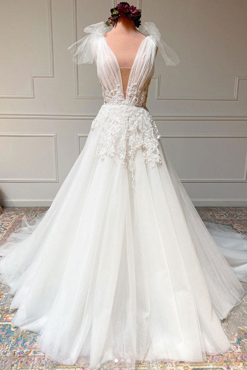 White v neck tulle lace long prom dress white tulle wedding dress