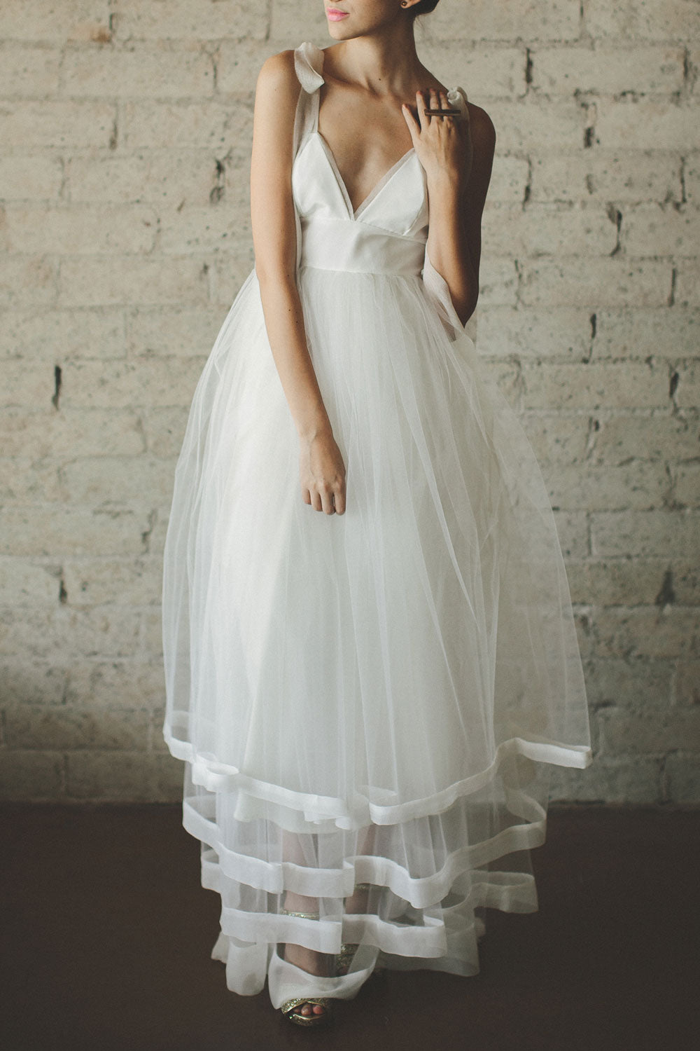 White v neck tulle long prom dress, white evening dress