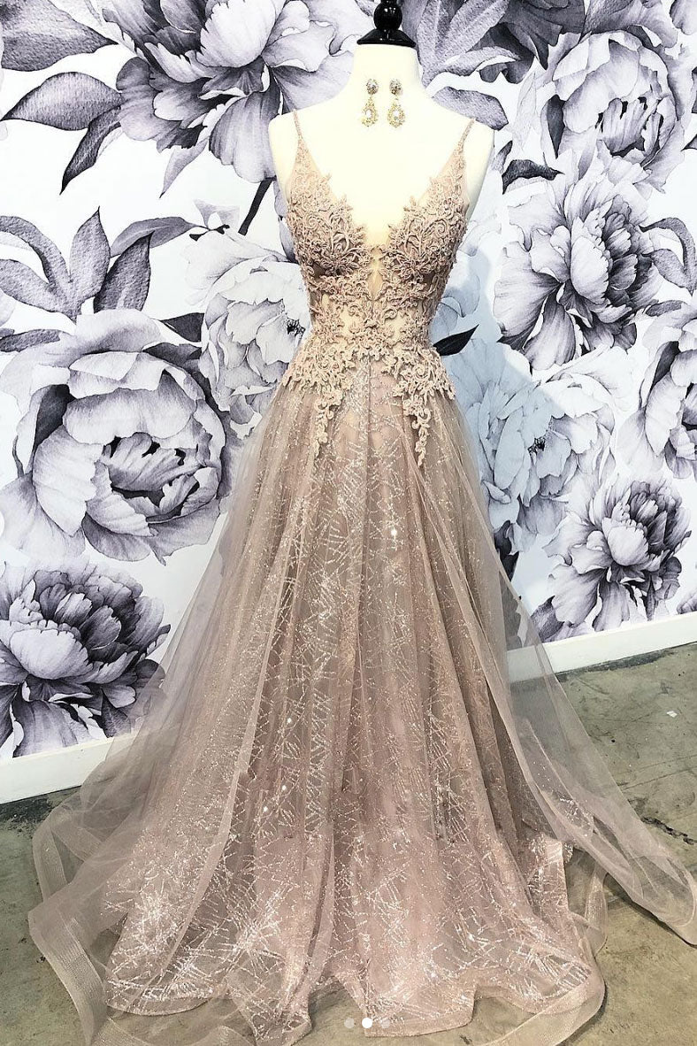 Champagne v neck tulle lace long prom dress, champagne tulle evening d dresstby Champagne v neck tulle lace long prom dress, champagne tulle evening d dresstby