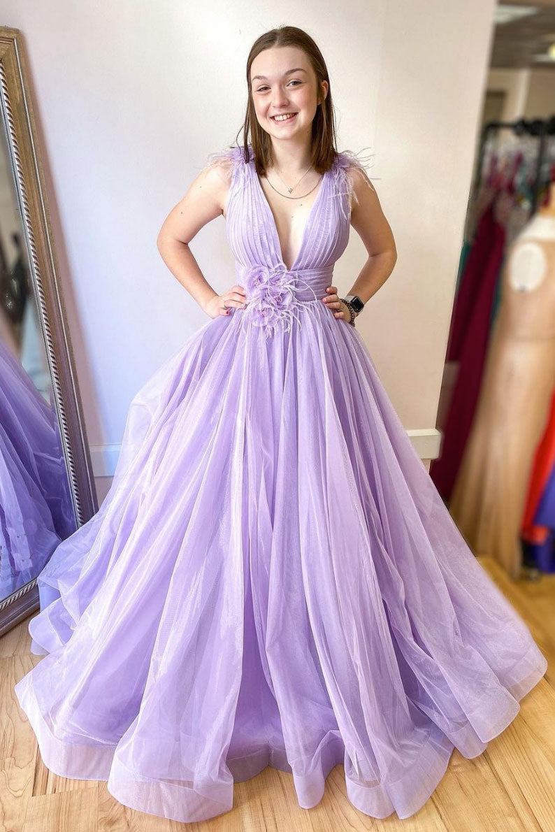 Purple v neck tulle long prom dress purple evening dress