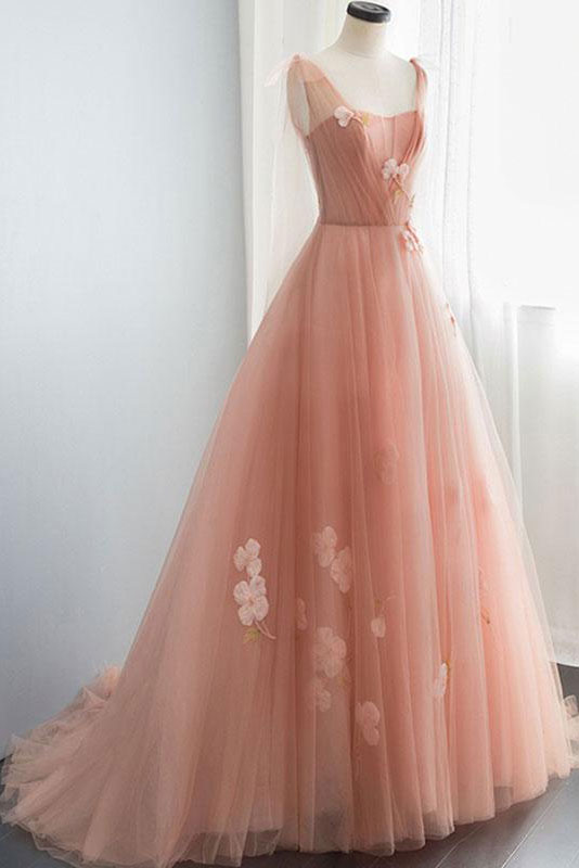 Pink tulle long prom dress, pink tulle evening dress