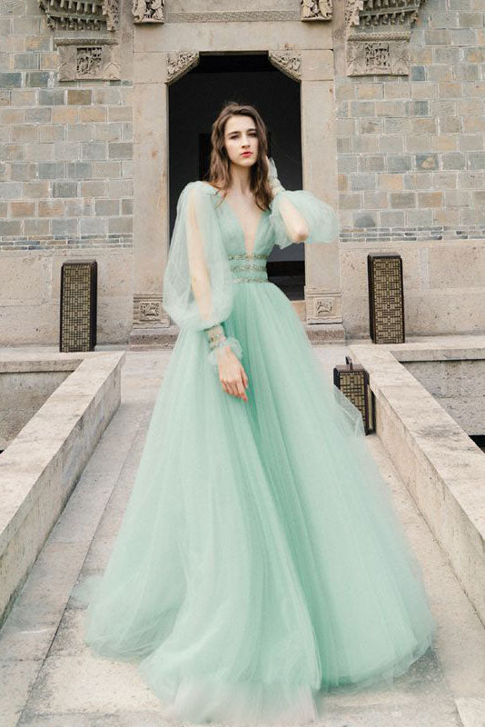 Green v neck tulle long prom dress green evening dress dresstby Green v neck tulle long prom dress green evening dress dresstby