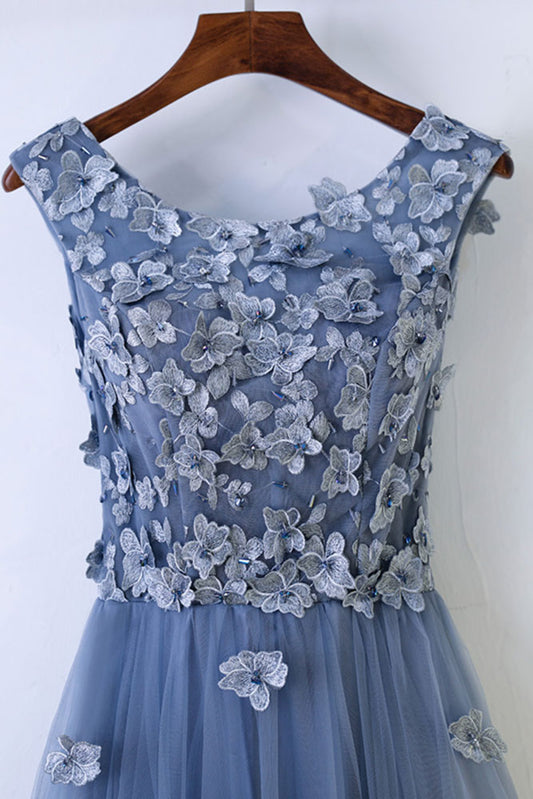 Blue round neck tulle lace applique long prom dress, evening dress