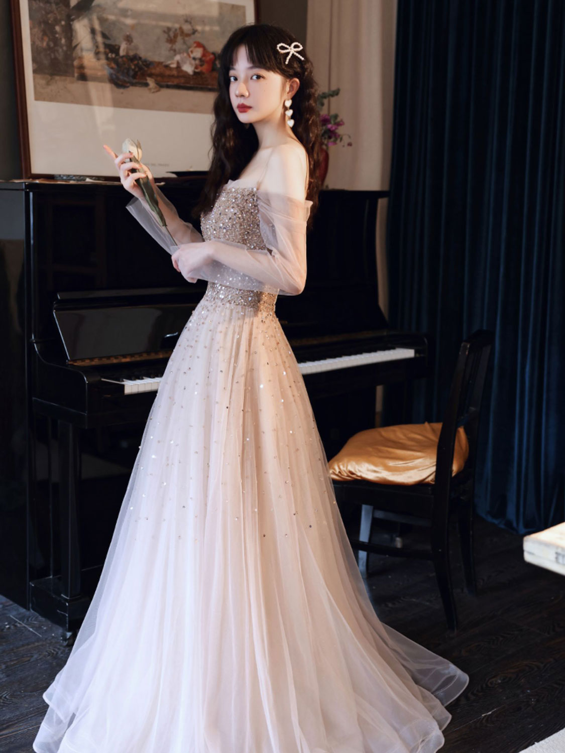 Champagne Tulle Sequin Long Prom Dresses, Champagne Formal Evening Dre dresstby Champagne Tulle Sequin Long Prom Dresses, Champagne Formal Evening Dre dresstby