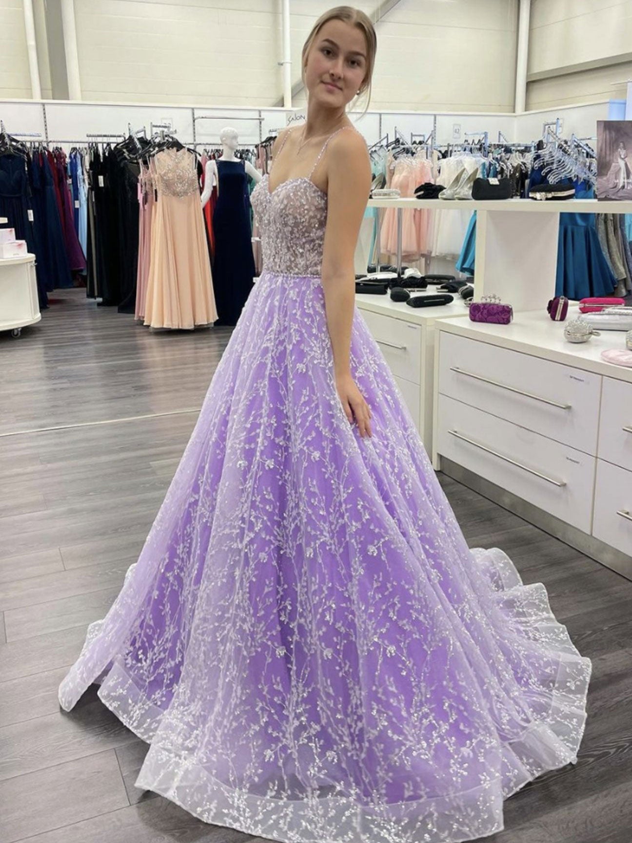 Purple sweetheart neck tulle sequin long prom dress, purple evening dress