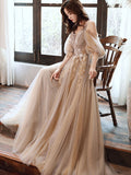Champagne v neck tulle long prom dress, champagne evening dress