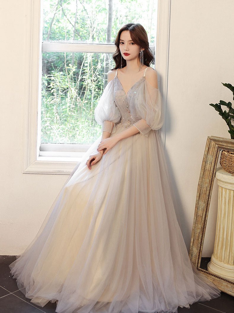 Gray v neck tulle long prom dress, Gray A line tulle formal dress