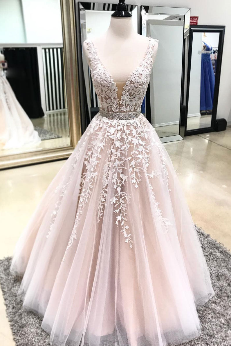 Light champagne v neck tulle lace long prom dress, evening dress