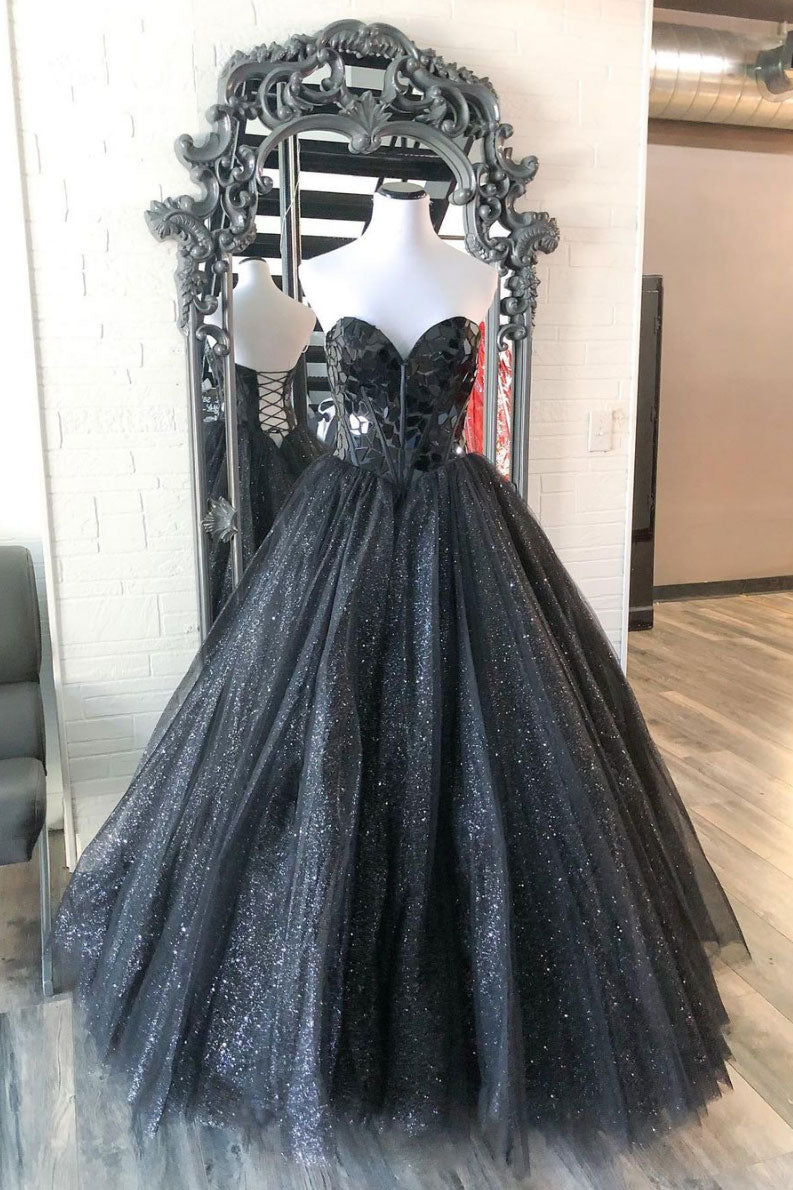 Black sweetheart tulle sequin long prom dress black tulle formal dress dresstby Black sweetheart tulle sequin long prom dress black tulle formal dress dresstby