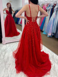 Burgundy v neck tulle lace long prom dress, burgundy tulle formal dress