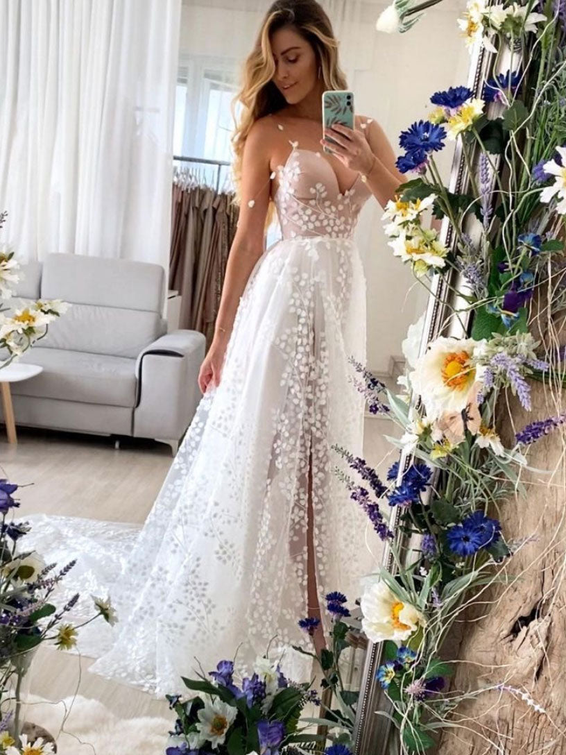 White sweetheart neck tulle lace long prom dress, white evening dress