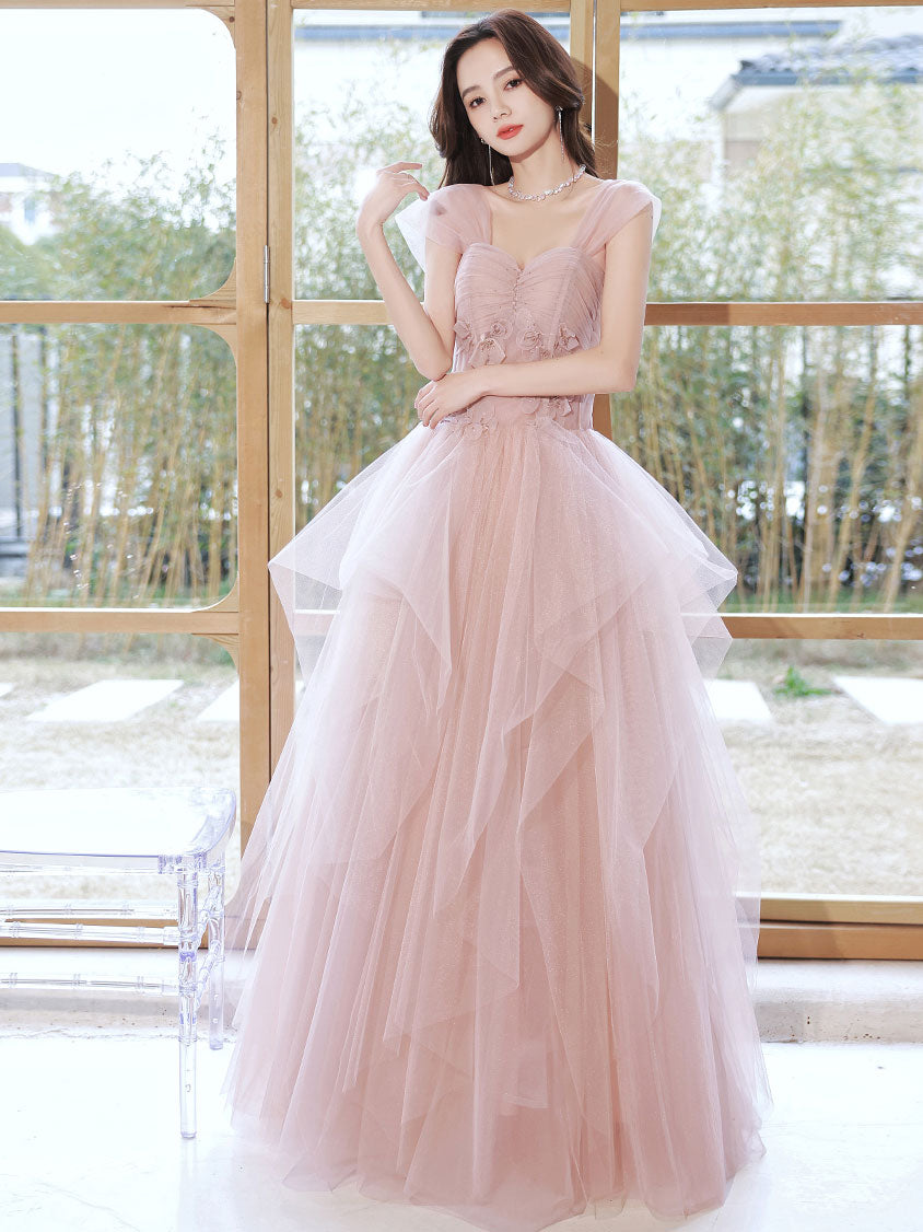 Pink tulle off shoulder long prom dress, pink tulle formal dress Pink tulle off shoulder long prom dress, pink tulle formal dress