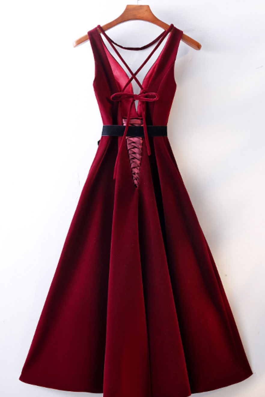 Burgundy v neck short prom dress, burgundy bridesmaid dress