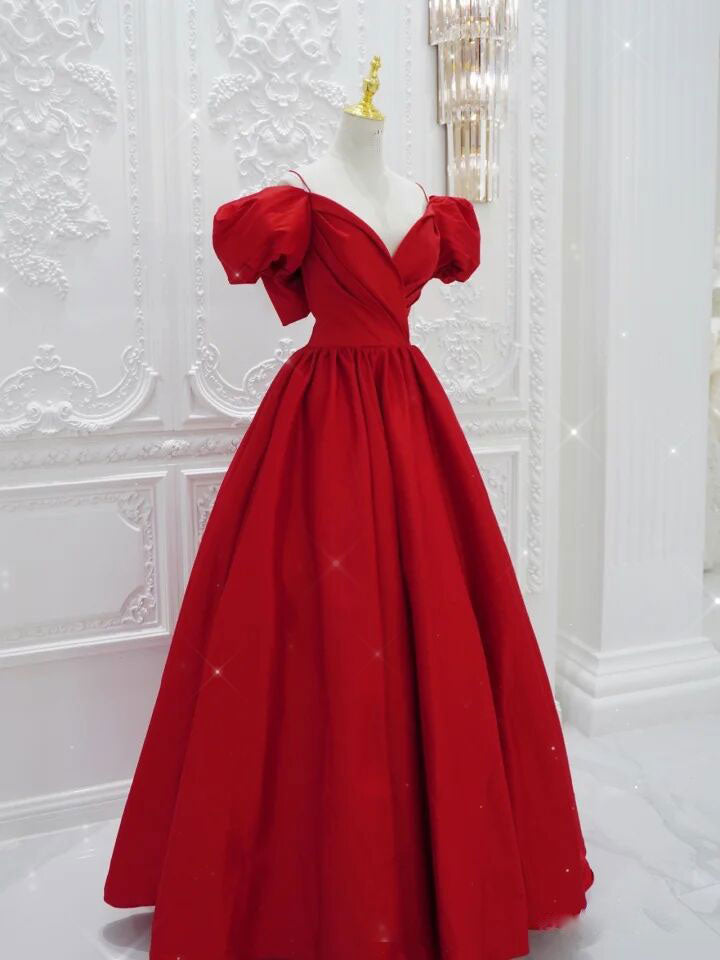 Red v neck satin long prom dress, red evening dress dresstby Red v neck satin long prom dress, red evening dress dresstby