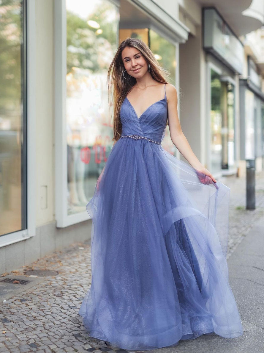 Blue v neck tulle long prom dress, blue tulle evening dress