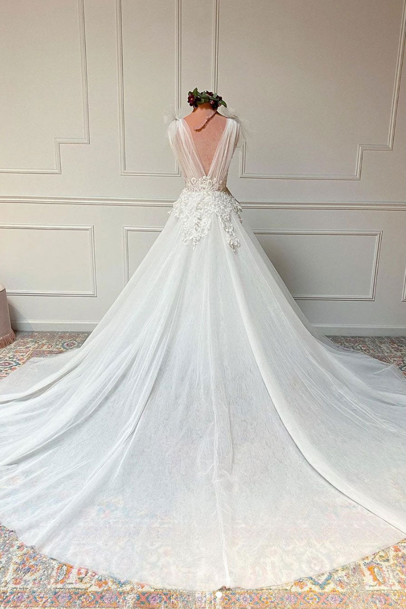 White v neck tulle lace long prom dress white tulle wedding dress