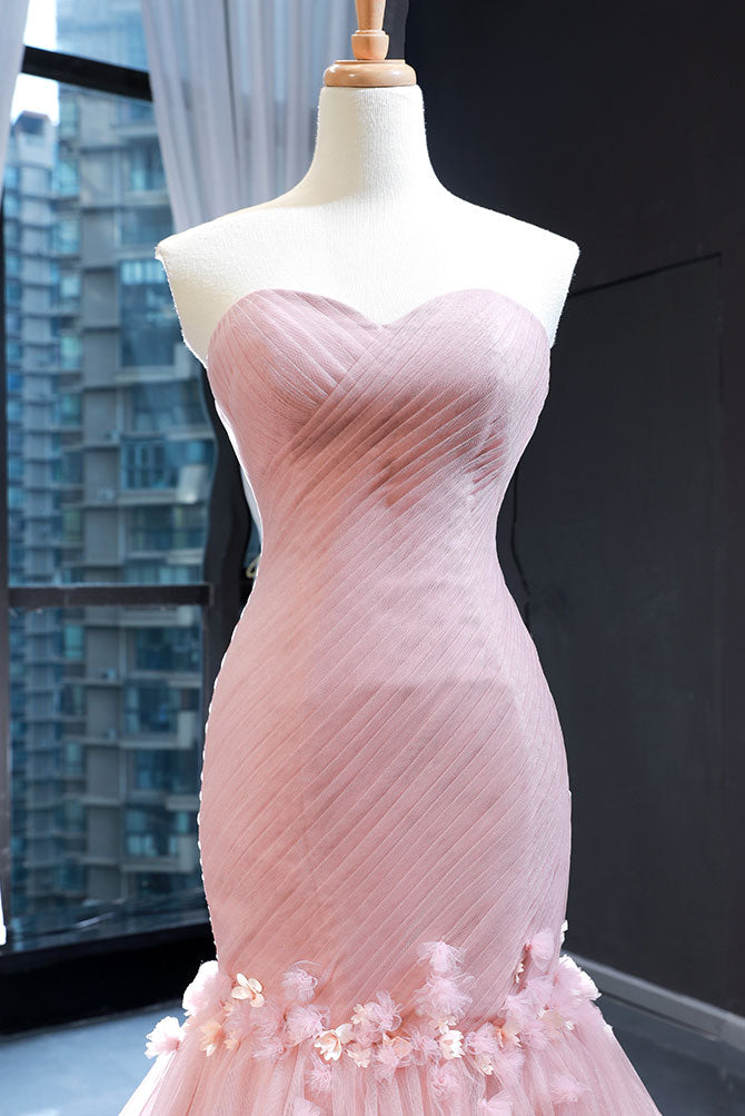 Pink sweetheart tulle mermaid long prom dress pink evening dress