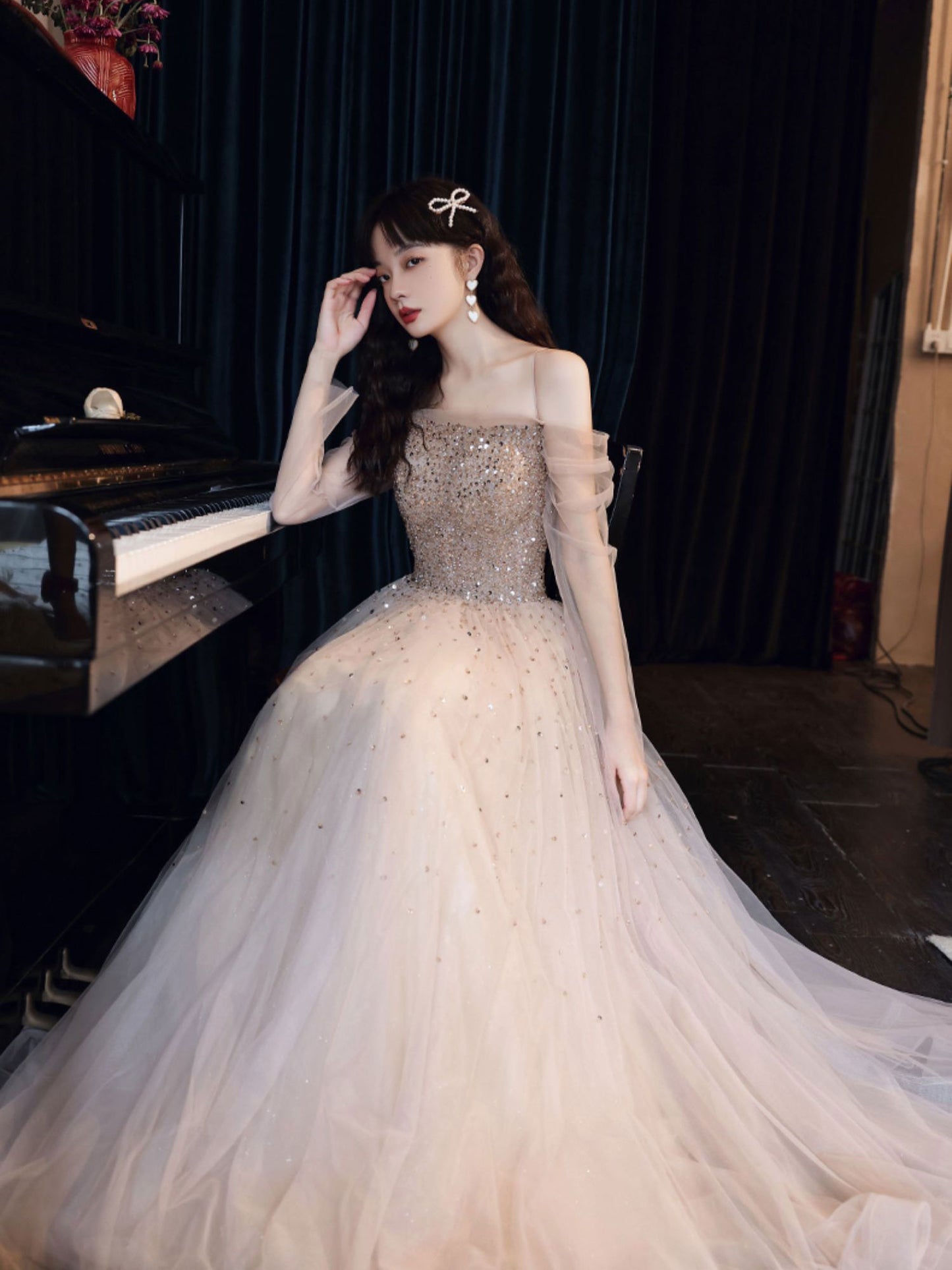 Champagne Tulle Sequin Long Prom Dresses, Champagne Formal Evening Dress