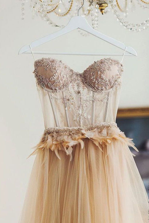 champagne sweetheart lace tulle long prom dress, tulle evening dress