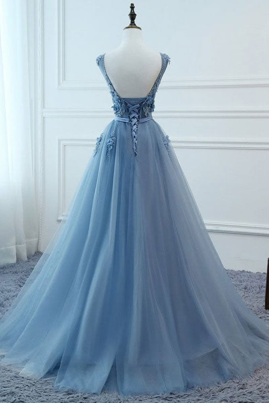 Blue v neck tulle lace long prom dress, blue evening dress