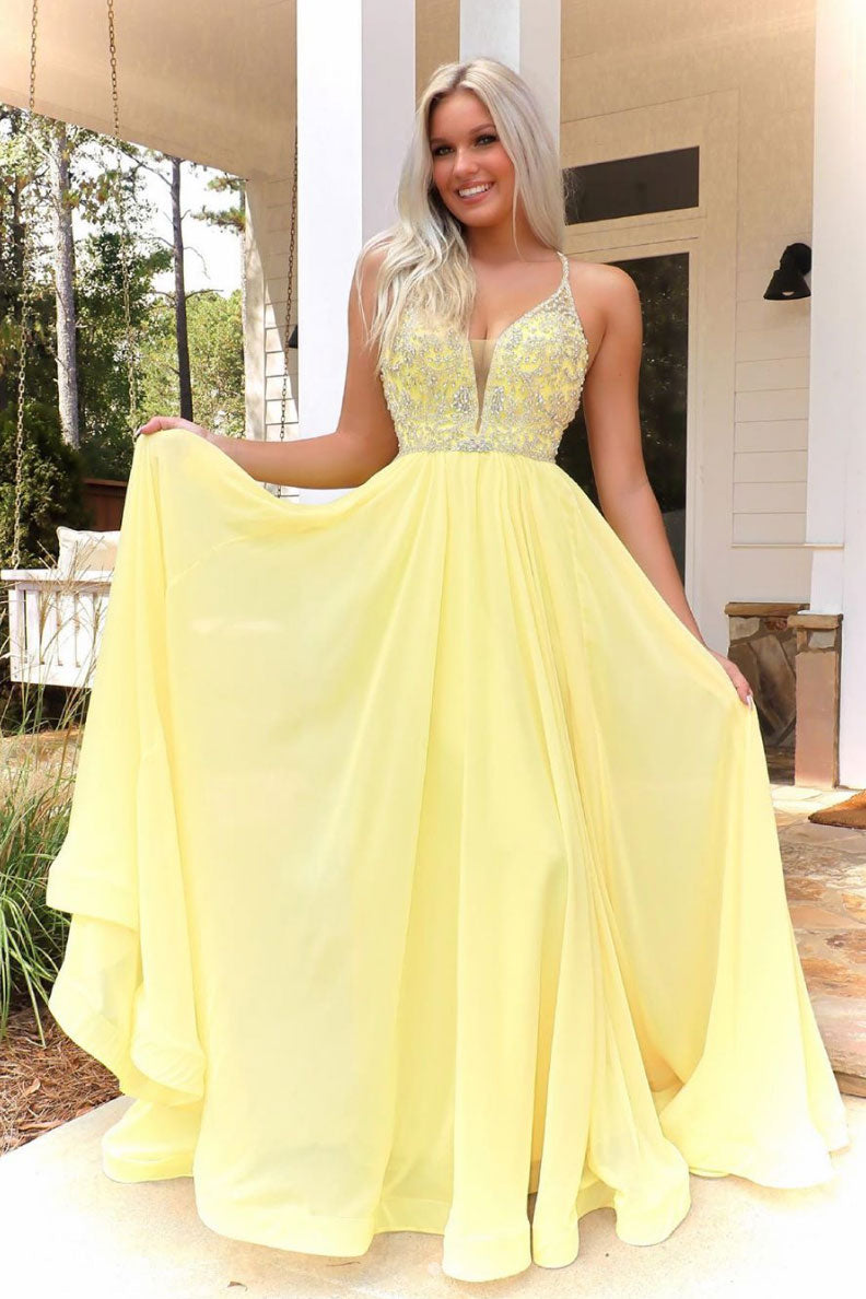 Yellow v neck chiffon beads long prom dress yellow formal dress dresstby Yellow v neck chiffon beads long prom dress yellow formal dress dresstby