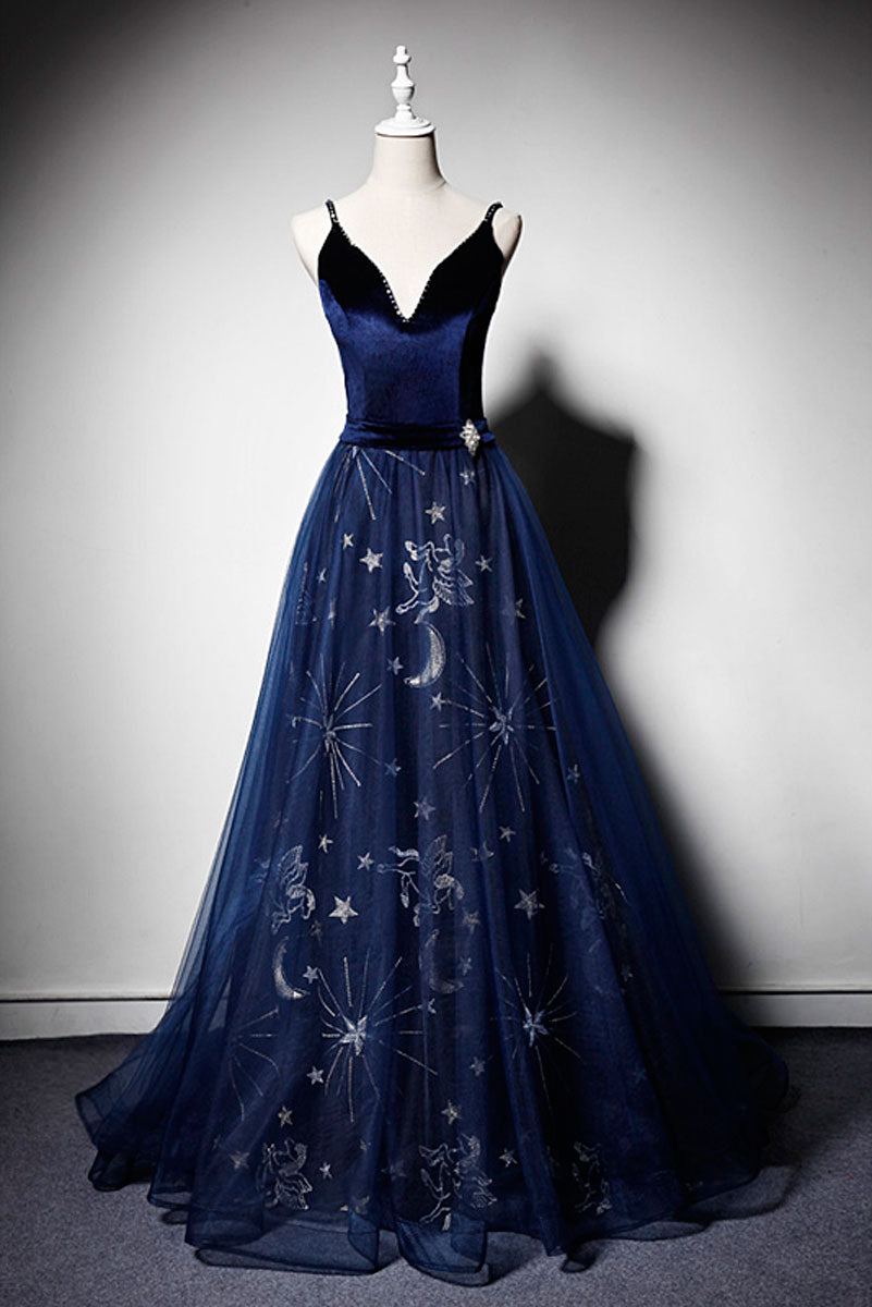 Blue v neck tulle long prom dress, blue tulle evening dress dresstby Blue v neck tulle long prom dress, blue tulle evening dress dresstby