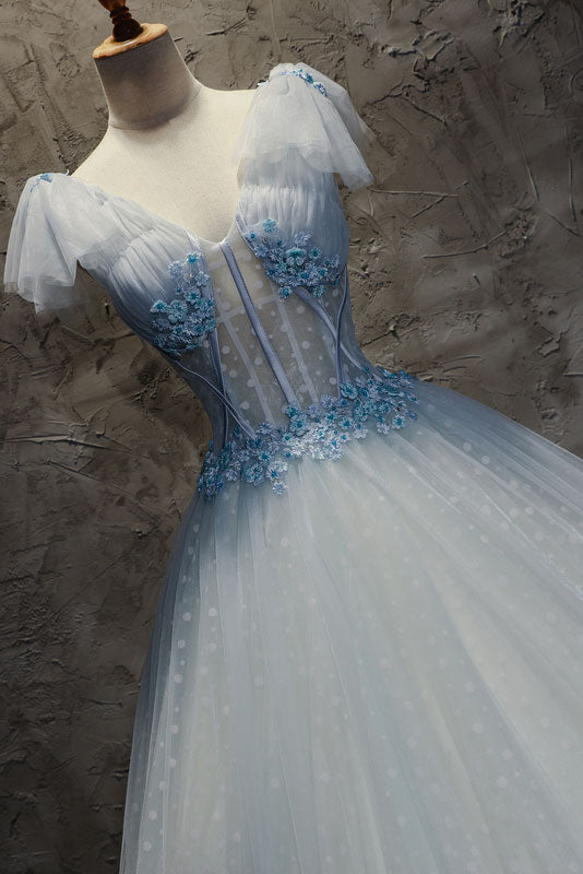 Blue tulle long prom dress, blue tulle evening dress