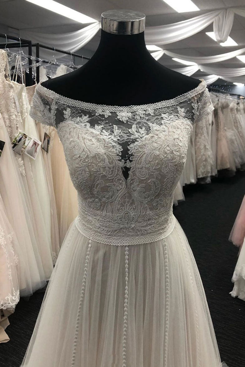 light champagne tulle lace long prom dress, lace evening dress