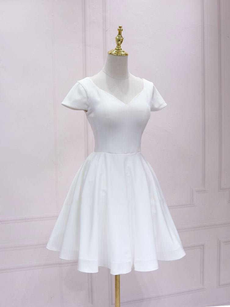White v neck satin lace short prom dress, white homecoming dress dresstby White v neck satin lace short prom dress, white homecoming dress dresstby