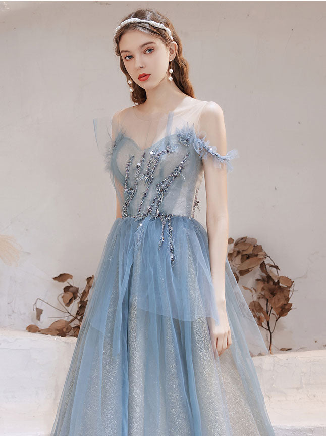 Blue tulle off shoulder long prom dress, blue tulle evening dress
