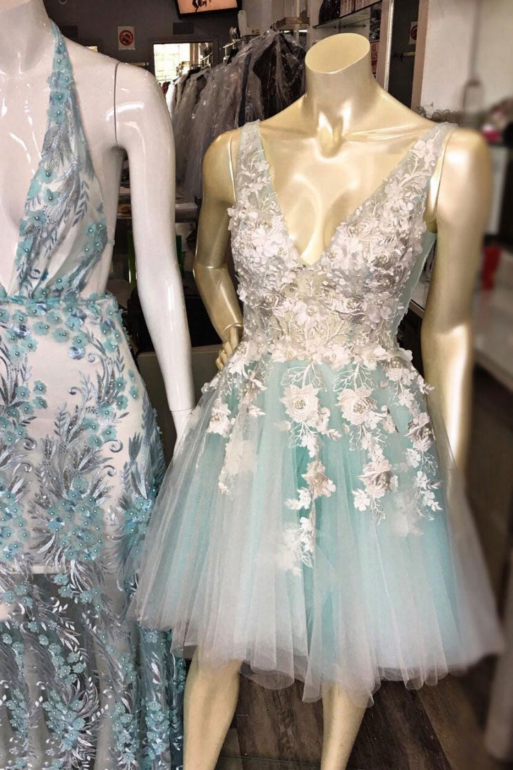 Blue v neck tulle lace short prom dress, blue tulle homecoming dress