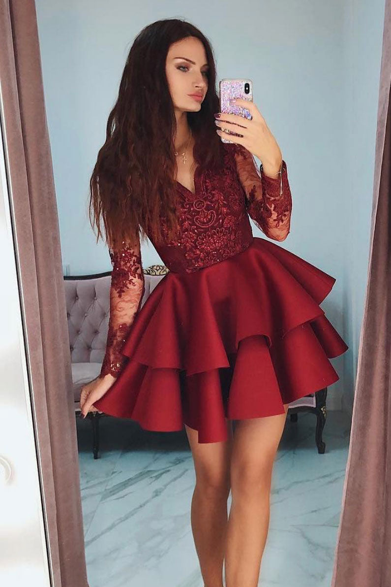 Burgundy v neck lace short prom dress, burgundy homecoming dress dresstby Burgundy v neck lace short prom dress, burgundy homecoming dress dresstby