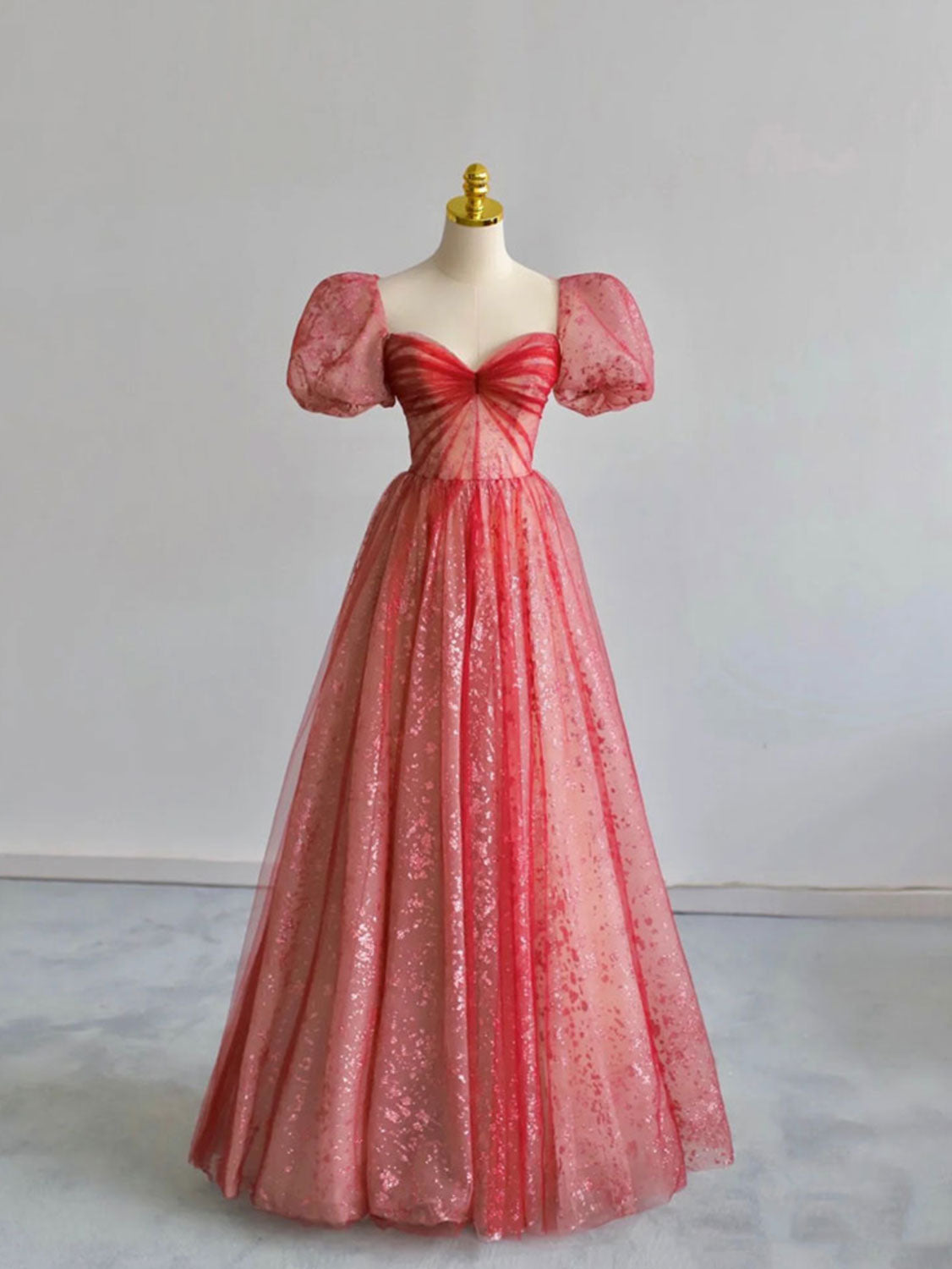 Unique sweetheart neck tulle long prom dress puff sleeves long formal dress