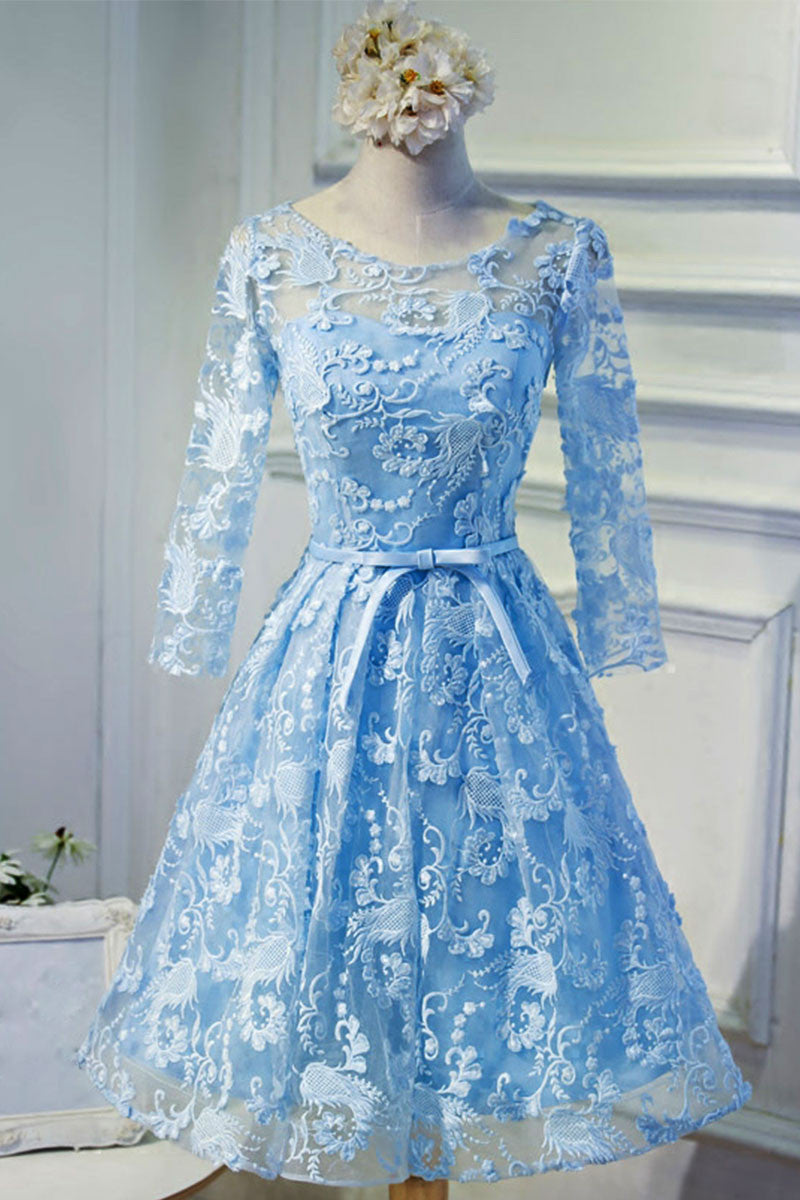 Blue round neck lace short prom dress, blue homecoming dress dresstby Blue round neck lace short prom dress, blue homecoming dress dresstby