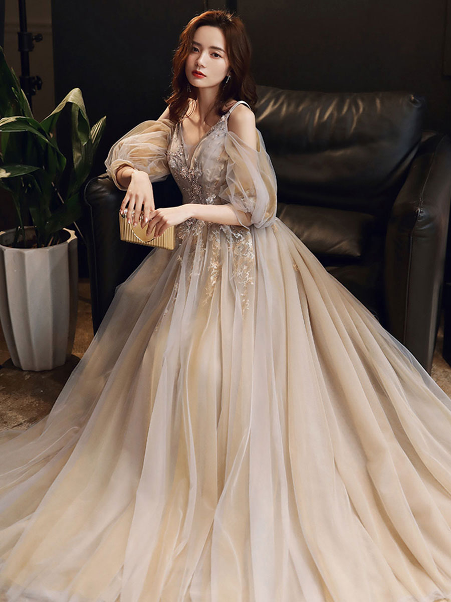 champagne dinner dress Champagne Prom Dress 2026 A-Line V-Neck Sleeveless Lace Up Chains Floor-Length Party Dresses Wedding Guest Dresses
