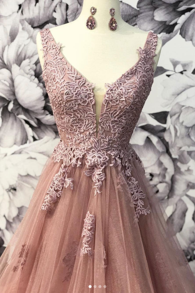 Unique v neck tulle lace long pro dress. tulle evening dress