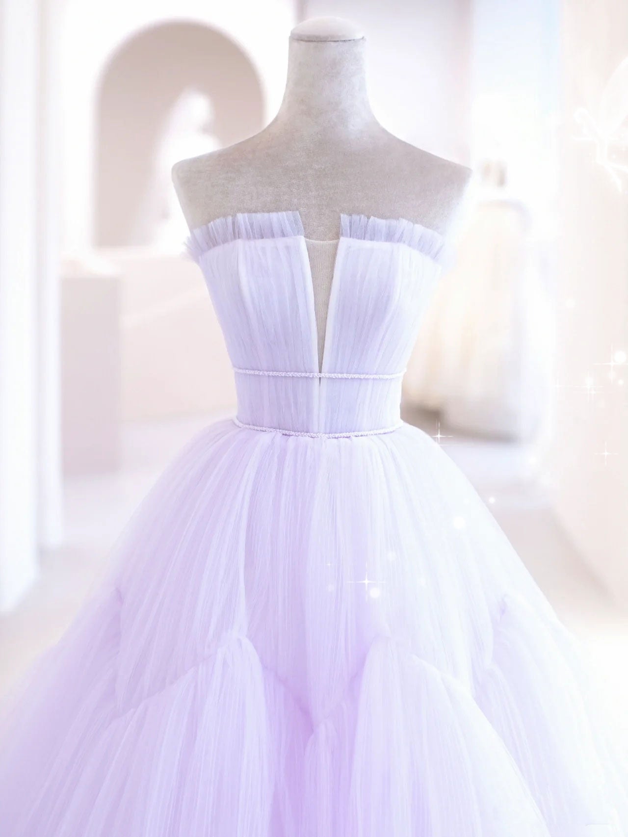 Purple A line tulle long prom dress, purple evening dress