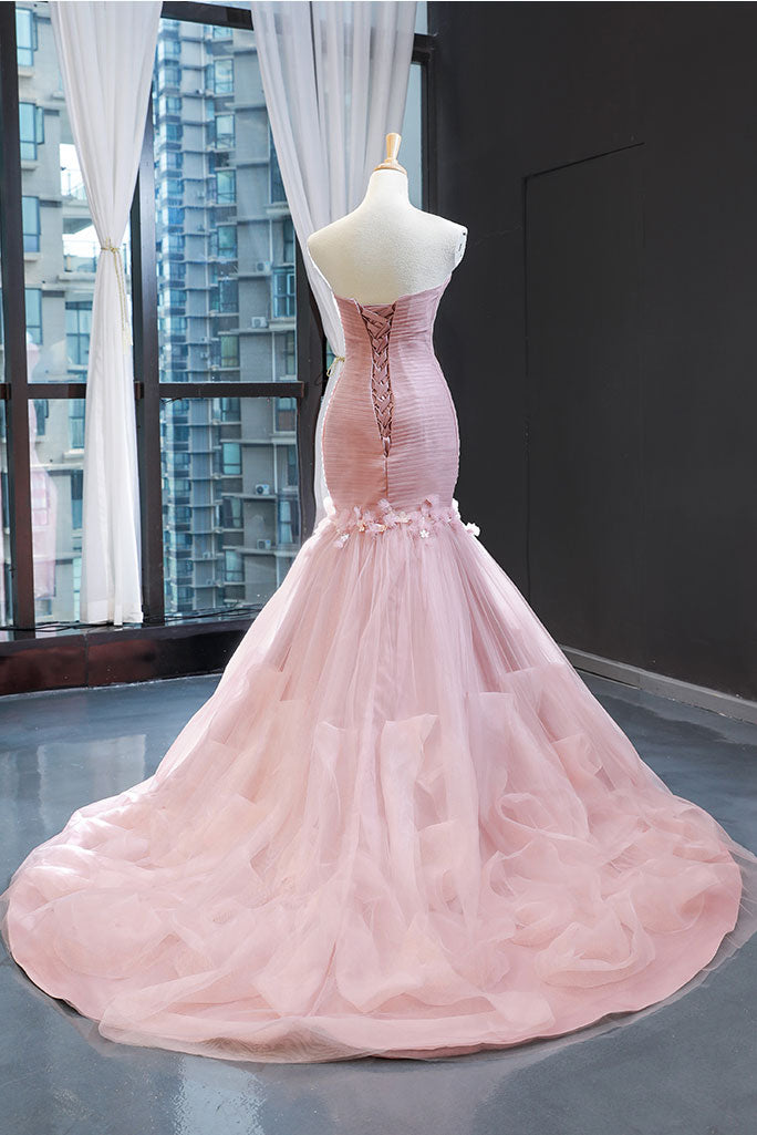 Pink sweetheart tulle mermaid long prom dress pink evening dress