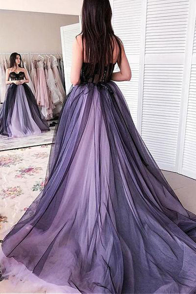 Purple sweetheart tulle long prom dress purple evening dress