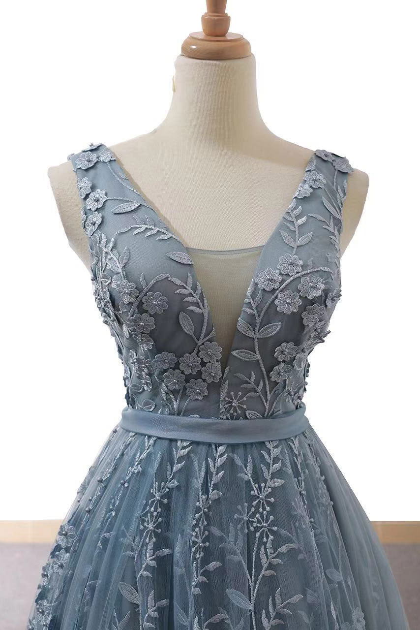 Gray blue tulle lace long prom dress, blue evening dress