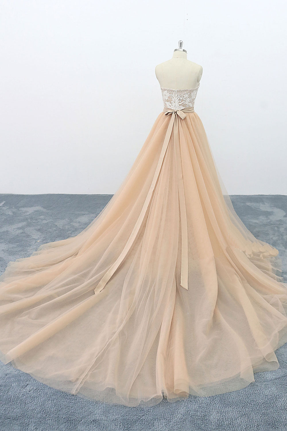Champagne tulle lace long prom dress, champagne lace evening dress