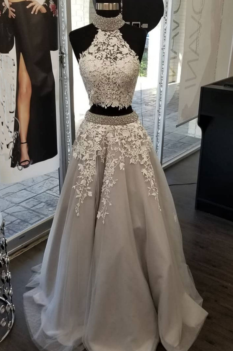 Gray tulle lace sequin beads long prom dress, gray evening dress