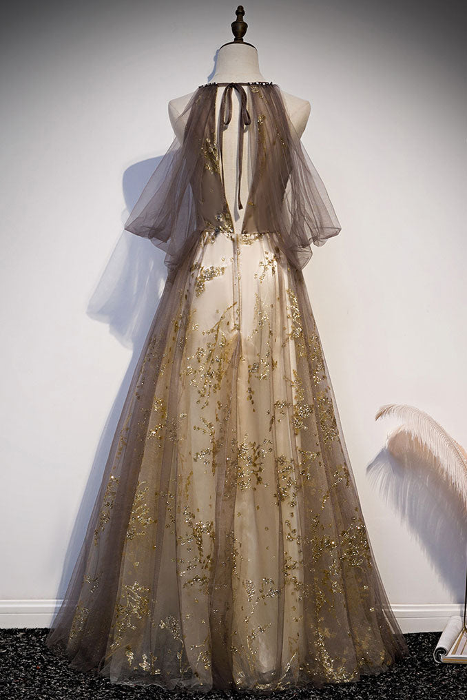 Champagne tulle lace long prom dress champagne tulle formal dress