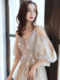 Champagne v neck tulle long prom dress, champagne evening dress