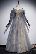 Unique tulle lace long prom dress tulle lace evening dress
